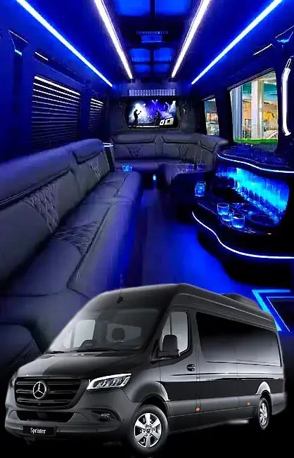 Black Limo Sprinter with a luxury limo interior and blue LED lighting