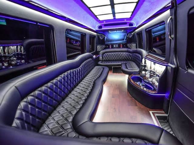 Mini coach bus luxury interior with purple lighting
