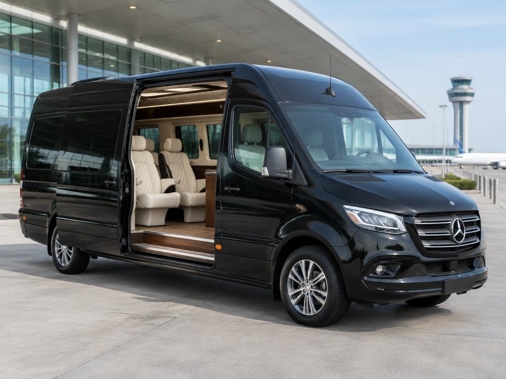 Black Luxury Sprinter with upgraded leather seats and premium wood finishes